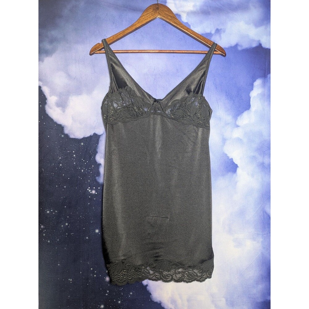 Vintage Vanity Fair Black Nylon Lace Slip Dress Size 38 Coquette Witchy Grunge
